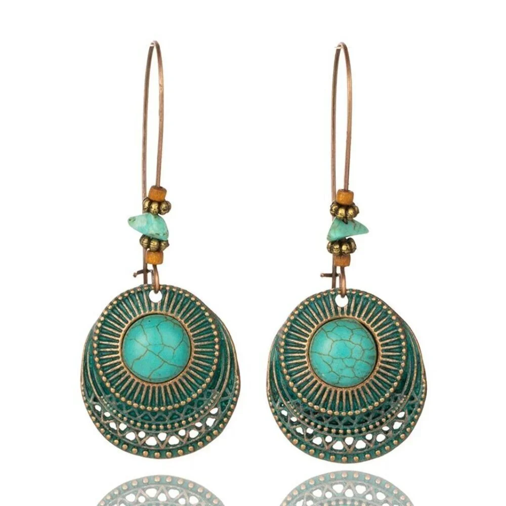 NEW Boho Festival Retro Round Turquoise Long Alloy Dangle Earrings